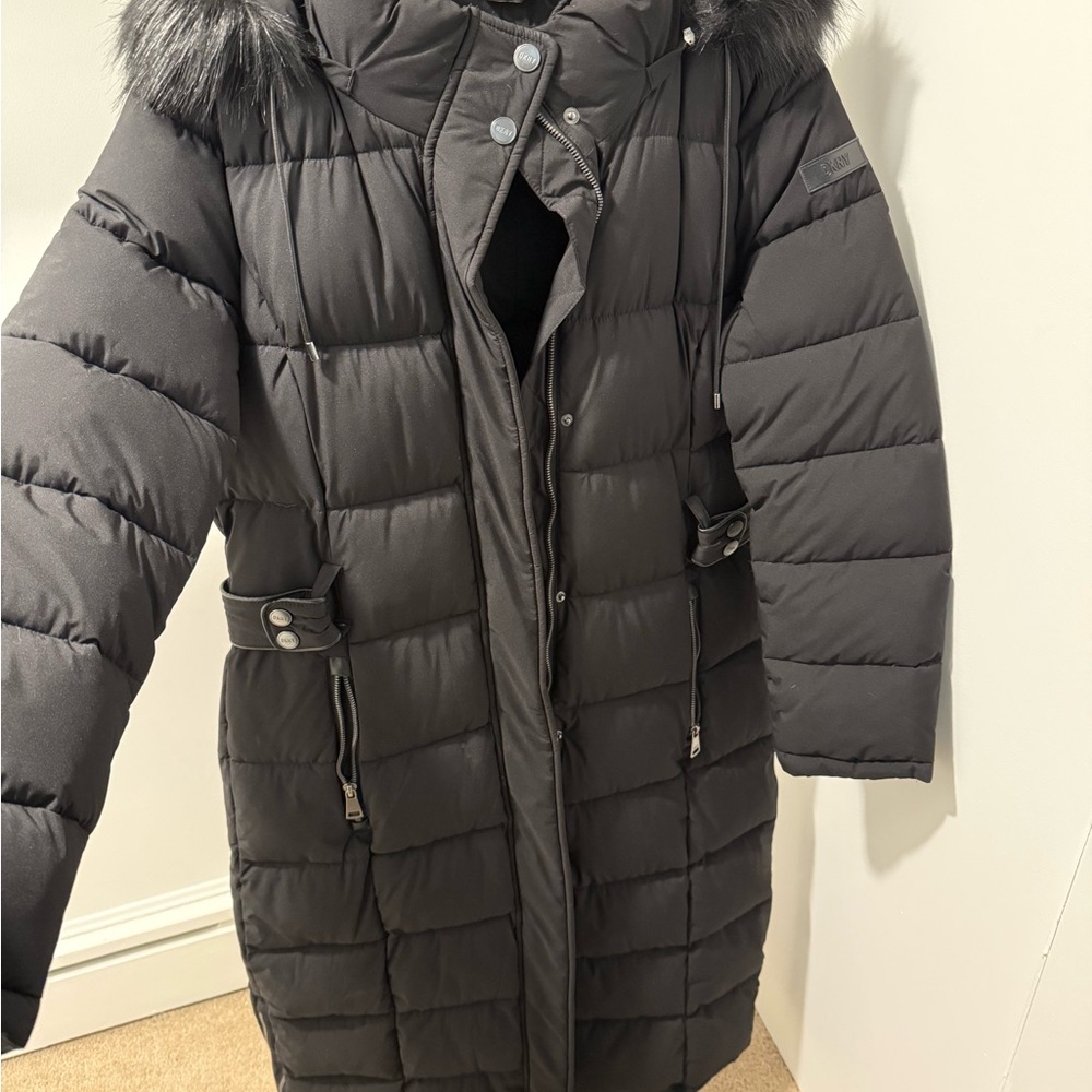 DKNY Black Puffer Jacket with Faux Fur Hood